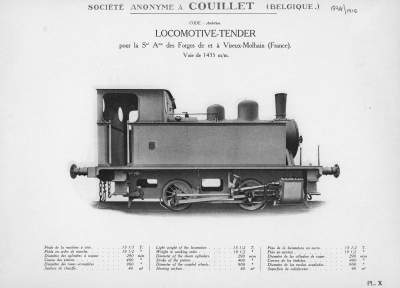<b>Locomotive-tender</b><br>pour la Société Anonyme des Forges de et à Vireux-Molhain (France)<br>Voie de 1435 m/m